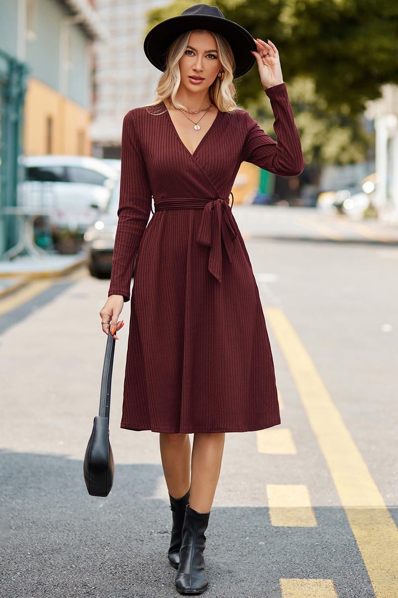 Newshows Womens 2025 Fall Dresses Teacher Church Business Casual Work Outfits Knit Midi Sweater Pockets Belt Dress(Wine Red, M) - Image 5