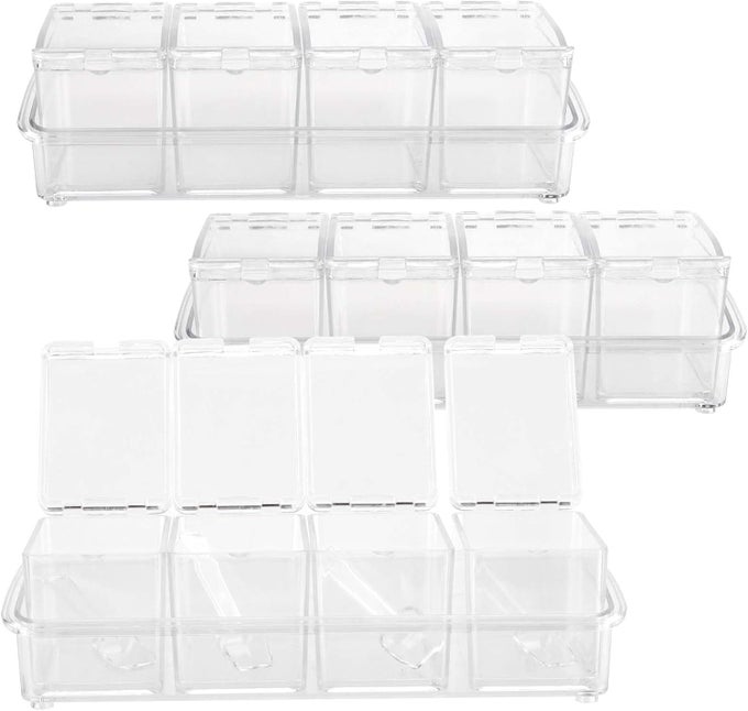 3 PACK 4 CELL CLEAR SEASONING BOX WITH SPOONS 102 354 3 INCH SEASONING STORAGE CONTAINER WITH COVER CLEAR SEASONING RACK SPICE POTS FOR SPICE SALT SUGAR