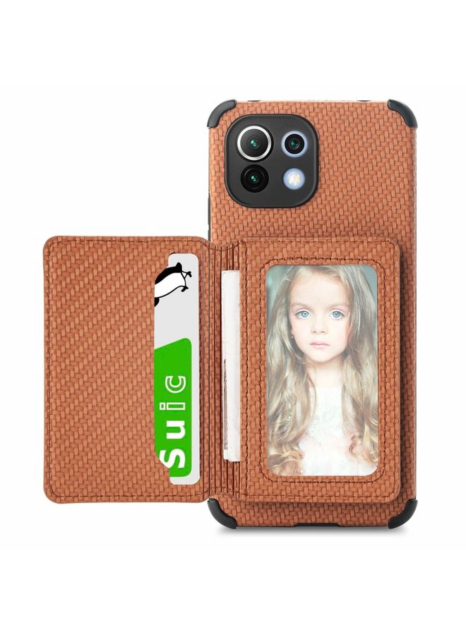 HuHa Case Cover For Xiaomi Mi 11 Lite Carbon Fiber Magnetic Card Bag TPU+PU Shockproof Back Cover Case with Holder & Card Slot & Photo Frame Brown 