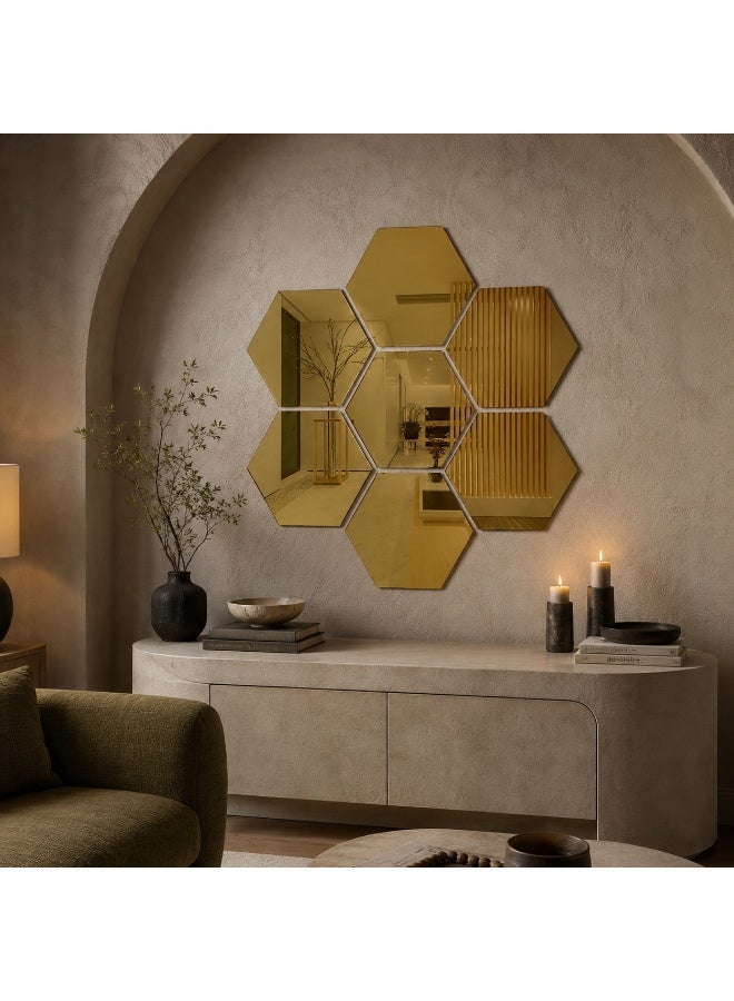 Lamset Gamal 7-Piece Hexagonal Reflective Wall Mirror Set, Gold, 18×21 cm, Modern Decor for Living Room, Bedroom and Entryway - Image 4