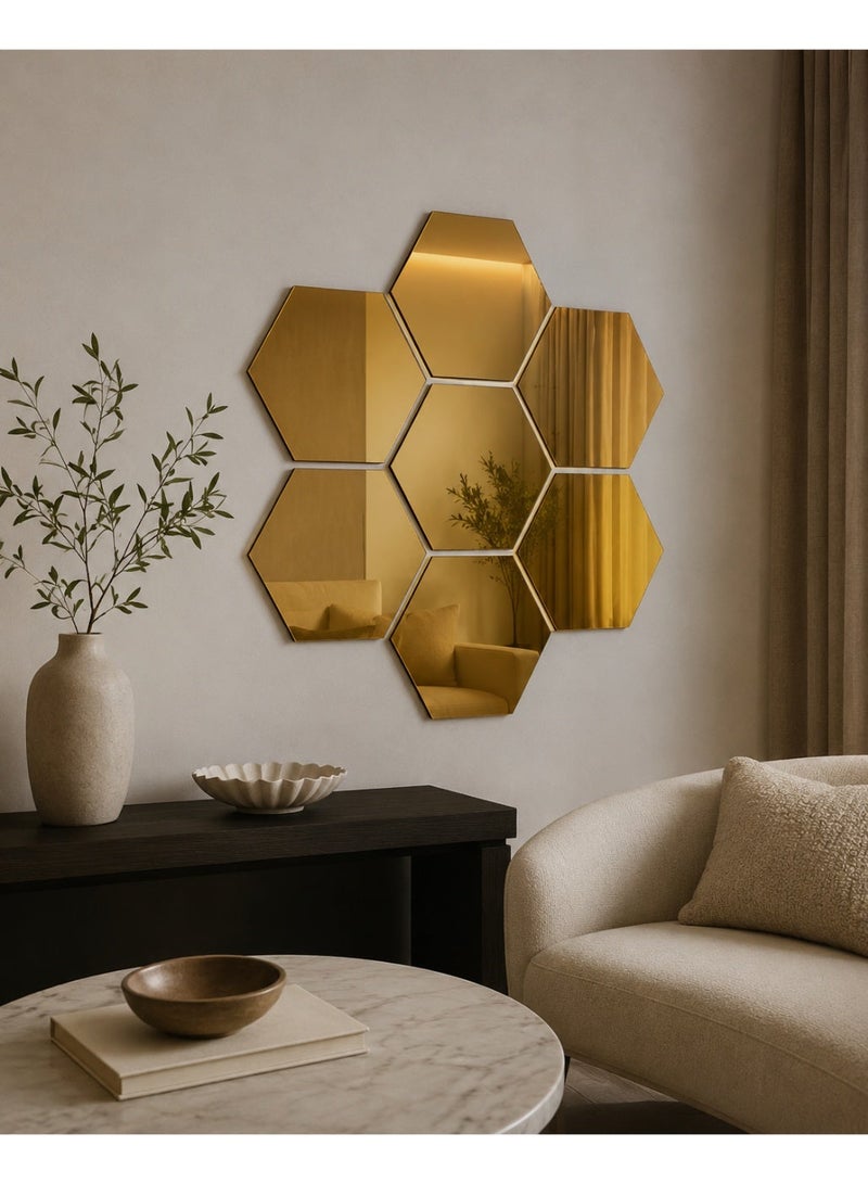 Lamset Gamal 7-Piece Hexagonal Reflective Wall Mirror Set, Gold, 18×21 cm, Modern Decor for Living Room, Bedroom and Entryway - Image 1