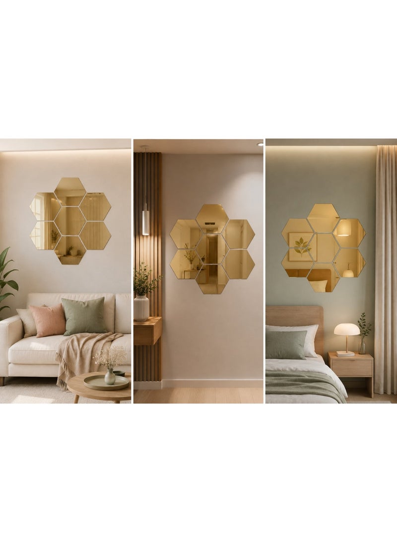 Lamset Gamal 7-Piece Hexagonal Reflective Wall Mirror Set, Gold, 18×21 cm, Modern Decor for Living Room, Bedroom and Entryway - Image 2