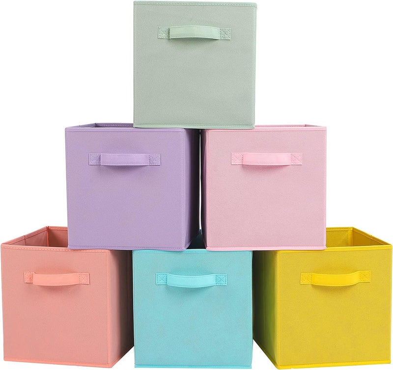 Stero Fabric Storage Bins 6 Pack Fun Colored Durable Storage Cubes with Handles Foldable Cube Baskets for Home, Kids Room, Closet and Toys Organization Cyan, Green, Yellow, Purple, Pink and Peachpuff - Image 1