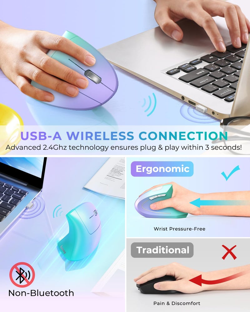 Lekvey Ergonomic Mouse, Vertical Wireless Mouse, Rechargeable 2.4G Optical Carpal Tunnel Mice: 800/1200 / 1600 DPI, 6 Buttons, for Laptop, PC, Mac, Computer, Desktop, Notebook etc, Green Purple - Image 3