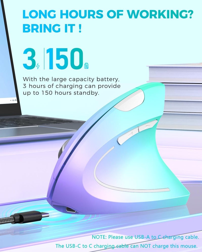 Lekvey Ergonomic Mouse, Vertical Wireless Mouse, Rechargeable 2.4G Optical Carpal Tunnel Mice: 800/1200 / 1600 DPI, 6 Buttons, for Laptop, PC, Mac, Computer, Desktop, Notebook etc, Green Purple - Image 4