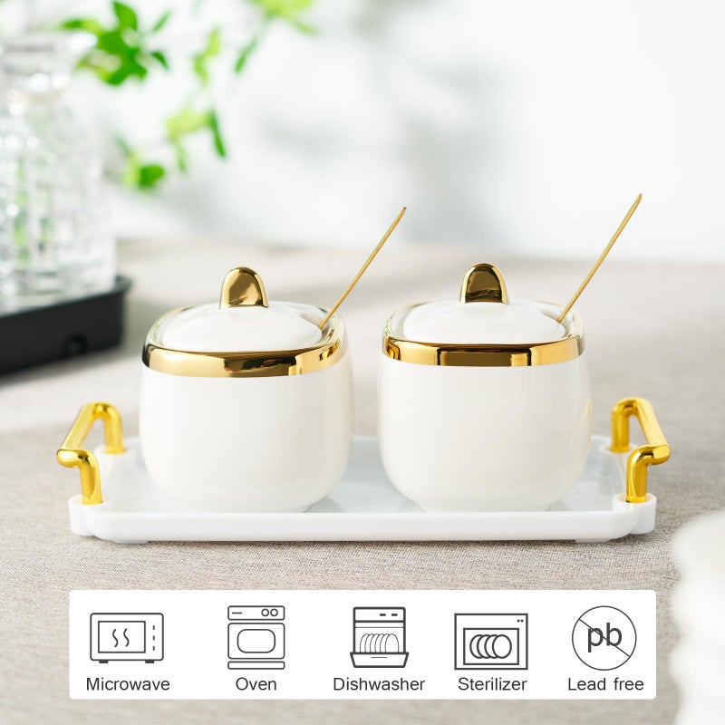 EABOSON Ceramic Sugar Bowl 2 Pack, Porcelain Seasoning Jar with Tray, Spoon and Lid for Sugar, Pepper, Coffee, Spice, Salt (Gold) - Image 3