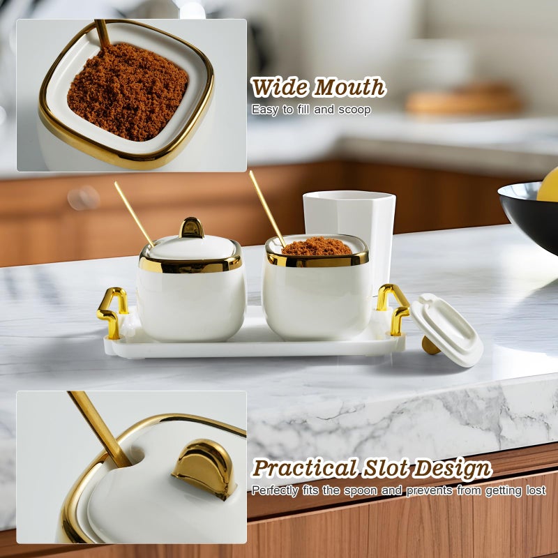 EABOSON Ceramic Sugar Bowl 2 Pack, Porcelain Seasoning Jar with Tray, Spoon and Lid for Sugar, Pepper, Coffee, Spice, Salt (Gold) - Image 4