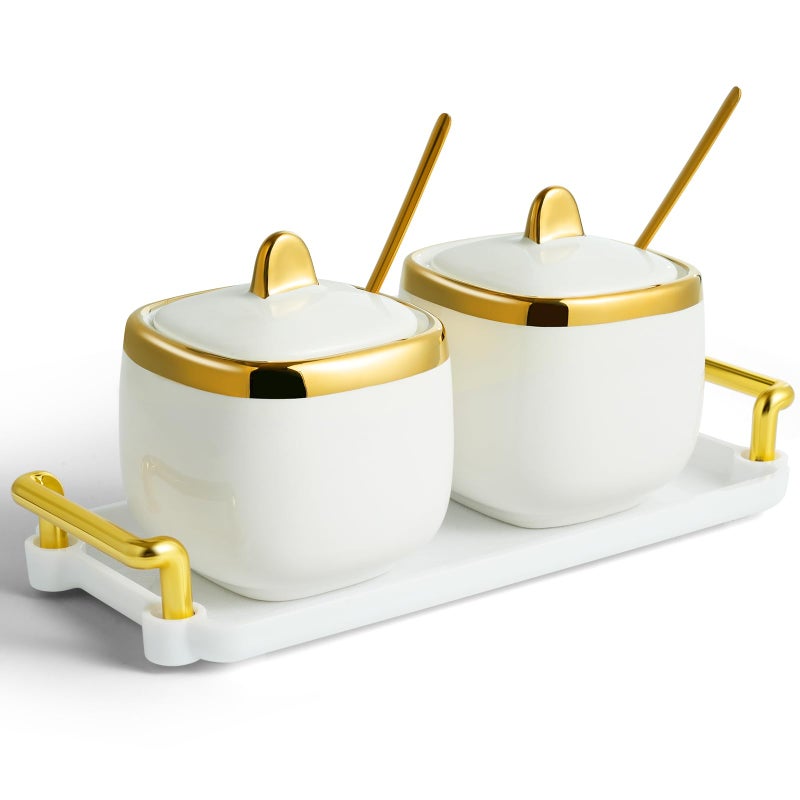 EABOSON Ceramic Sugar Bowl 2 Pack, Porcelain Seasoning Jar with Tray, Spoon and Lid for Sugar, Pepper, Coffee, Spice, Salt (Gold) - Image 1