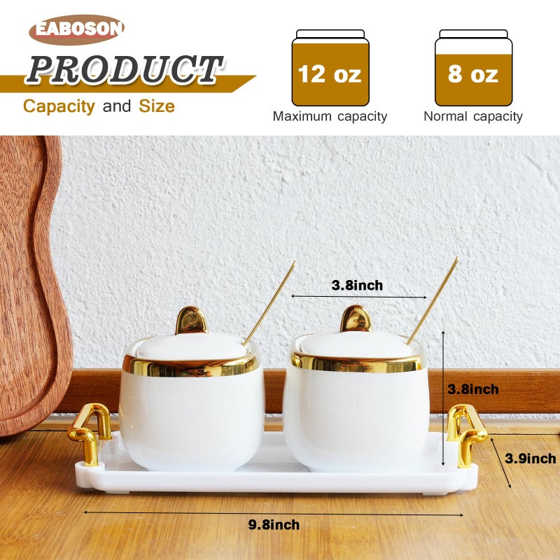 EABOSON Ceramic Sugar Bowl 2 Pack, Porcelain Seasoning Jar with Tray, Spoon and Lid for Sugar, Pepper, Coffee, Spice, Salt (Gold) - Image 2