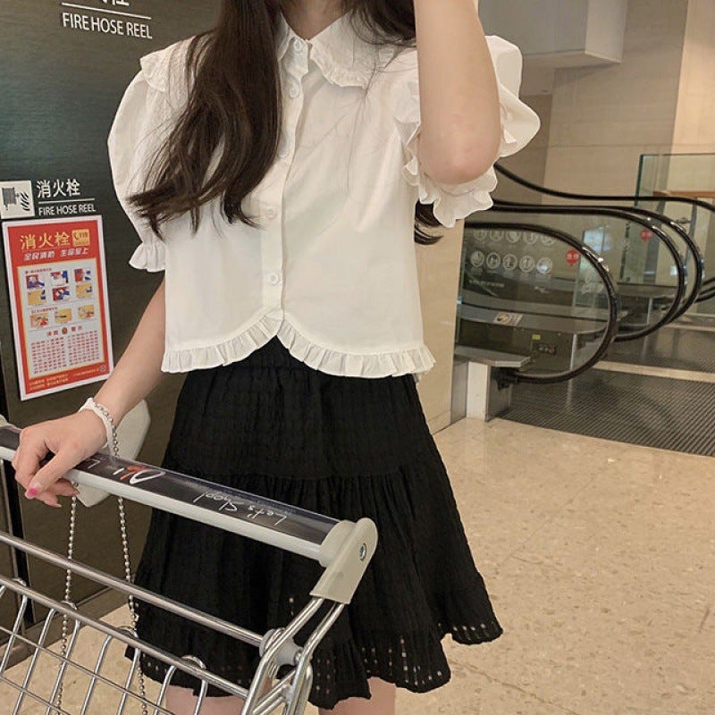 Light French Doll Collar Shirt Women'S 2024 Summer Sweet Ruffled High Waist Short White Top - Image 5