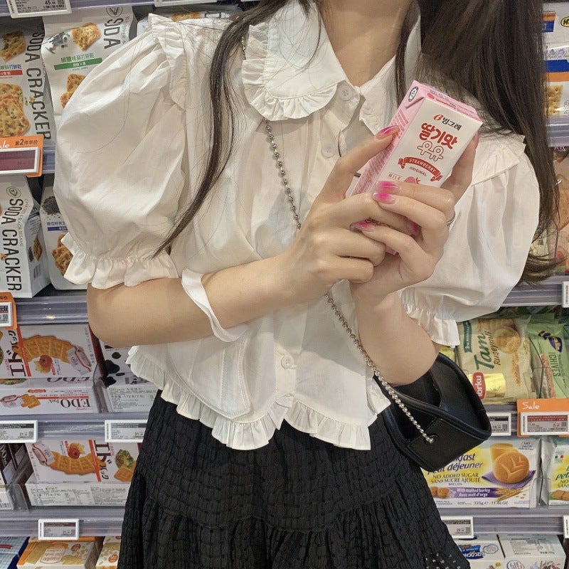 Light French Doll Collar Shirt Women'S 2024 Summer Sweet Ruffled High Waist Short White Top - Image 1
