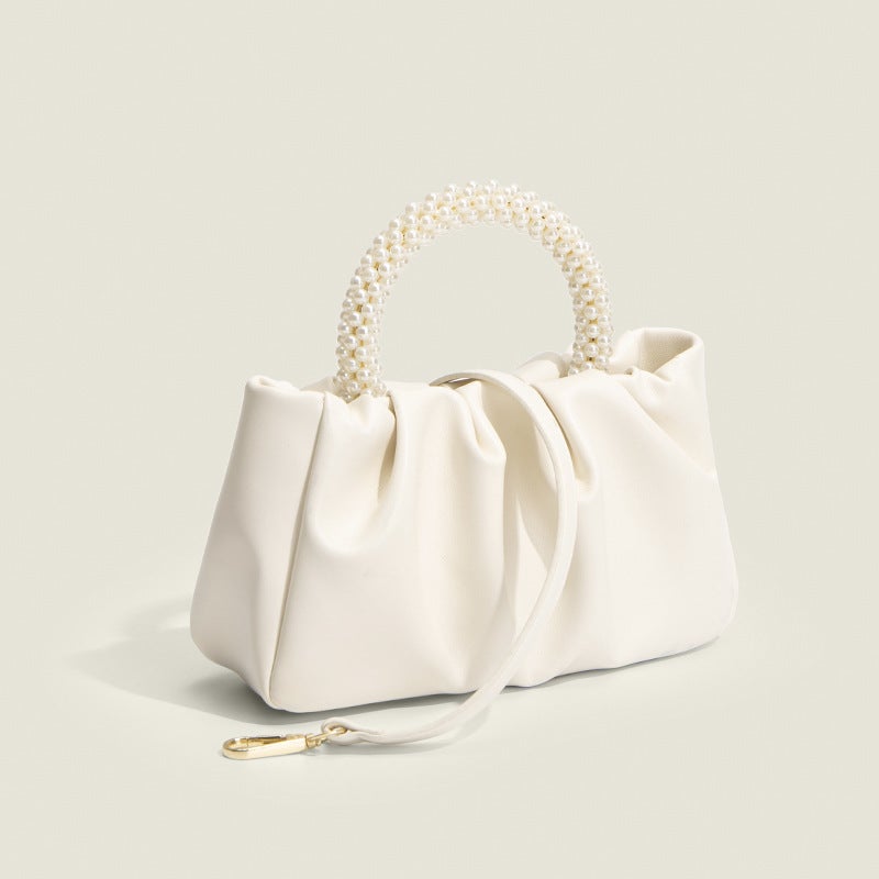 2023 Fashion New All-Match Women'S Bag Fresh Sweet Pearl Portable Messenger Bag Pleated Soft Leather White Cloud Bag - Image 4