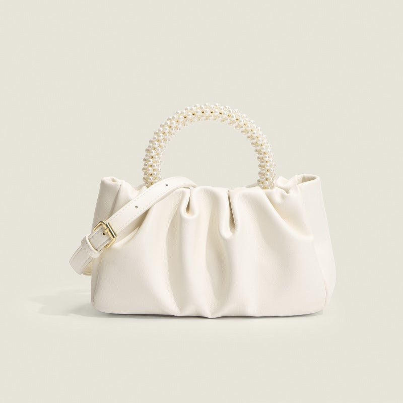 2023 Fashion New All-Match Women'S Bag Fresh Sweet Pearl Portable Messenger Bag Pleated Soft Leather White Cloud Bag - Image 2