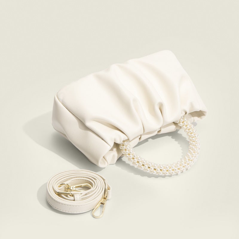 2023 Fashion New All-Match Women'S Bag Fresh Sweet Pearl Portable Messenger Bag Pleated Soft Leather White Cloud Bag - Image 3