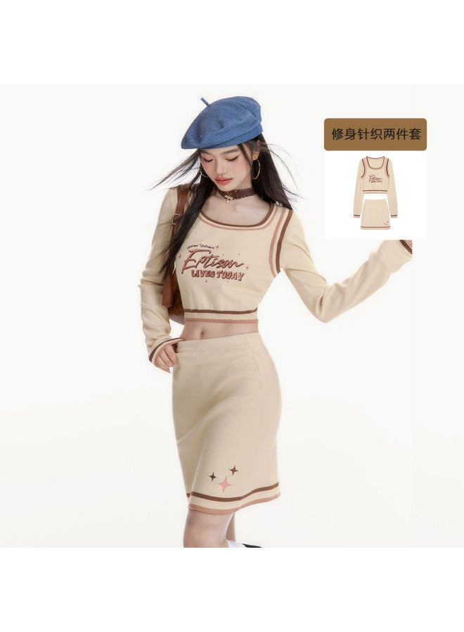 EPTISON Women'S Knit Set, Autumn College Style Retro Square Neck Letter Embroidery Short Sweater And Skirt Two-Piece Outfit - Image 2