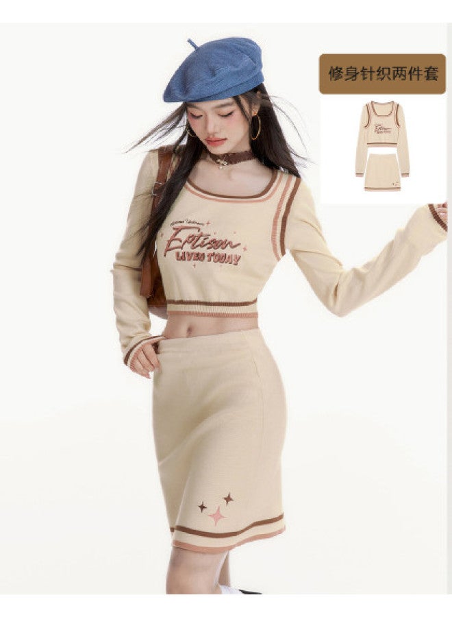 EPTISON Women'S Knit Set, Autumn College Style Retro Square Neck Letter Embroidery Short Sweater And Skirt Two-Piece Outfit - Image 1