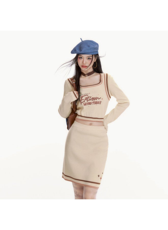 EPTISON Women'S Knit Set, Autumn College Style Retro Square Neck Letter Embroidery Short Sweater And Skirt Two-Piece Outfit - Image 3