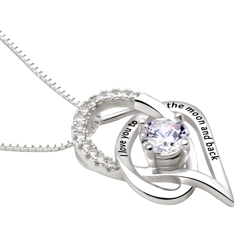 ALOV Jewelry Sterling Silver "I Love You To The Moon and Back" Love Heart Cubic Zirconia Pendant Necklace - Image 2