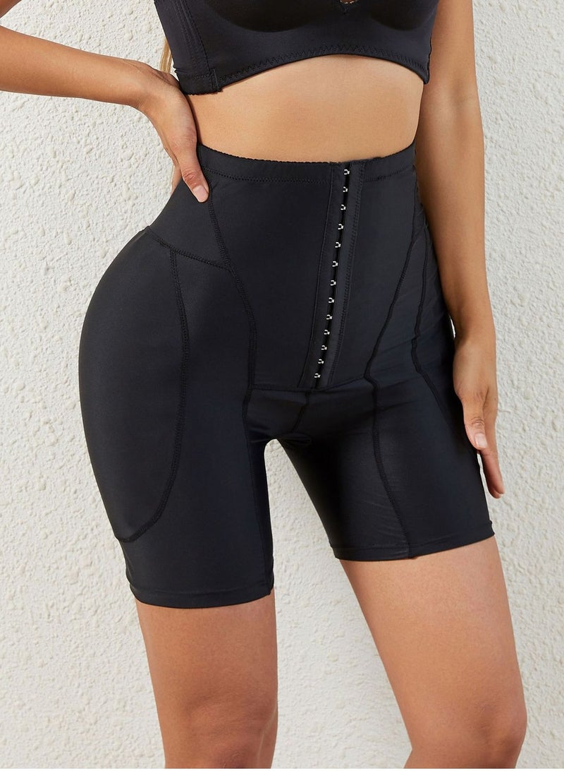 Womens Body Shaper Tummy Control Buckled Underwear Boxer Briefs Solid Color Slim High Waist Sponge Pad Hip Lift Shapewear Underpants Black - Image 2