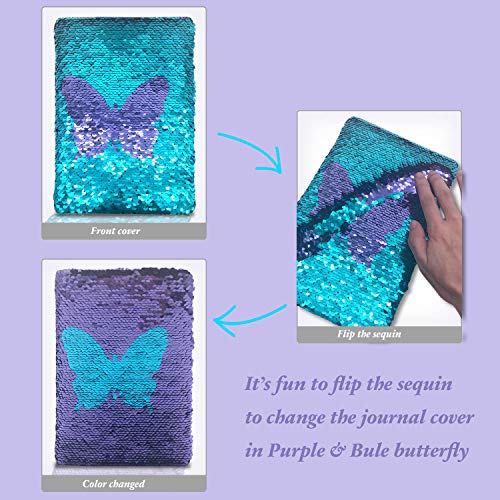 GINMLYDA Sequin Girls Journal for Kids, 8.5x5.5 Inches 160 Lined Pages Diary for Girls Butterfly Reversible Flip Sequence Notebook for Teenage Pre School Writing Drawing Travel Gifts (Purple- Blue) - Image 5