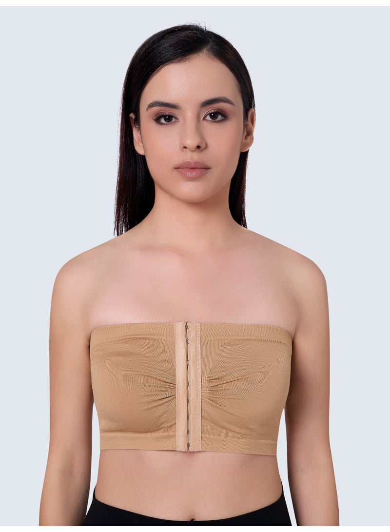 Glamroot Women's Plus Size Mesh Strapless Tube Bra - Front Hook Full Support Bandeau, Breathable Non-Padded Wireless Comfort Bra, Beige, Size S To XL - Image 1