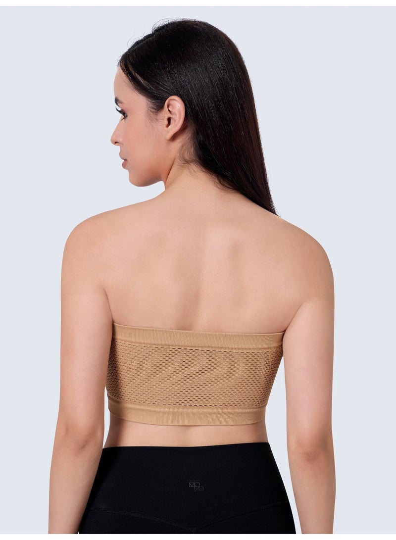 Glamroot Women's Plus Size Mesh Strapless Tube Bra - Front Hook Full Support Bandeau, Breathable Non-Padded Wireless Comfort Bra, Beige, Size S To XL - Image 2