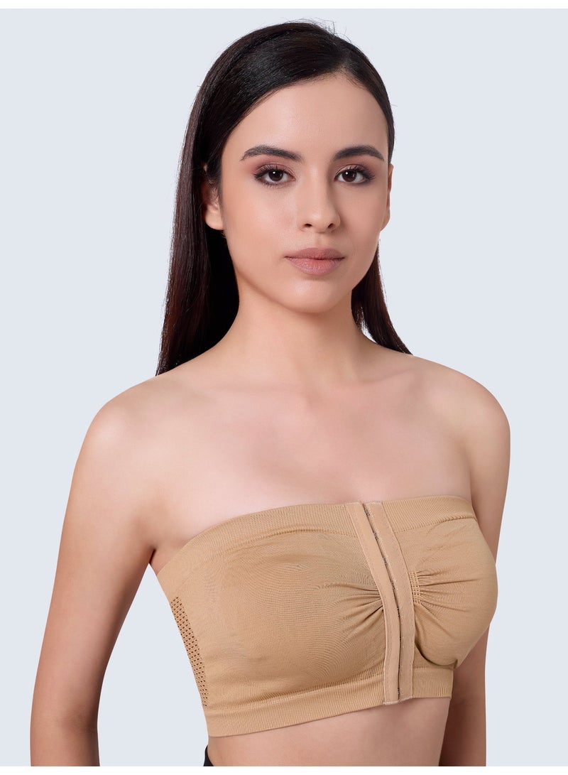 Glamroot Women's Plus Size Mesh Strapless Tube Bra - Front Hook Full Support Bandeau, Breathable Non-Padded Wireless Comfort Bra, Beige, Size S To XL - Image 3