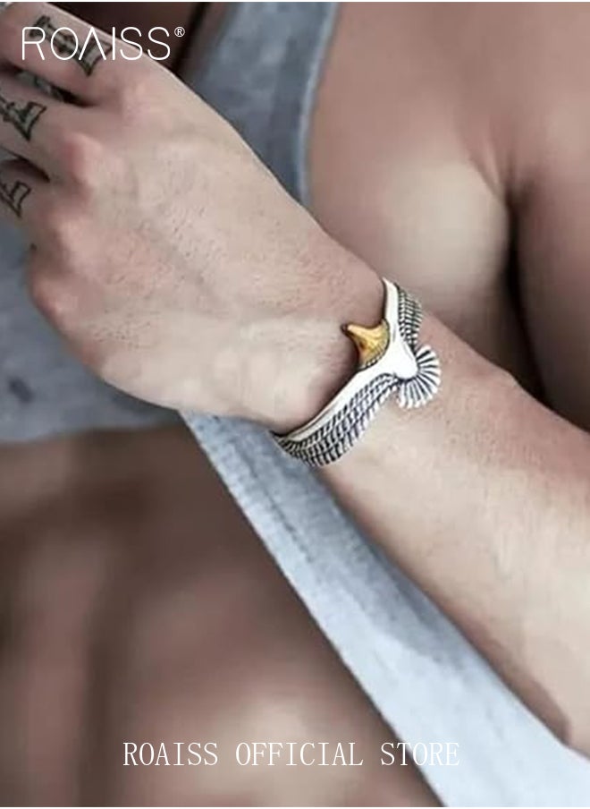 roaiss Flying Eagle Feather Alloy Bangle for Men and Women Golden Eagle Head Two Color Adjustable Opening Bracelet Personality Exquisite Charm Wrist Jewelry Retro Trendy Style Gift  - Image 2