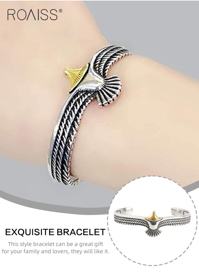roaiss Flying Eagle Feather Alloy Bangle for Men and Women Golden Eagle Head Two Color Adjustable Opening Bracelet Personality Exquisite Charm Wrist Jewelry Retro Trendy Style Gift  - Image 5
