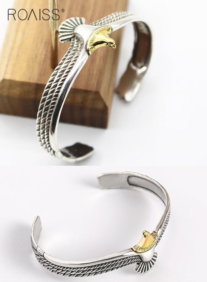 roaiss Unisex Eagle Wing Adjustable Cuff Bracelet, Vintage Oxidized Zinc Alloy Bangle with Textured Feather Detail, Retro Fashion Two-Tone Bangle for Men & Women, Eagle Feather Open Cuff Biker Rocker Bracelet, Antique Boho Wrist Jewelry for Casual Everyday Wear, Men's & Unisex Accessory Gift, Silver & Gold - Image 2