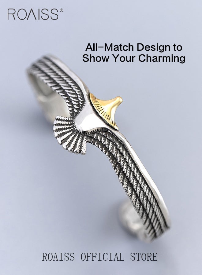 roaiss Unisex Eagle Wing Adjustable Cuff Bracelet, Vintage Oxidized Zinc Alloy Bangle with Textured Feather Detail, Retro Fashion Two-Tone Bangle for Men & Women, Eagle Feather Open Cuff Biker Rocker Bracelet, Antique Boho Wrist Jewelry for Casual Everyday Wear, Men's & Unisex Accessory Gift, Silver & Gold - Image 1