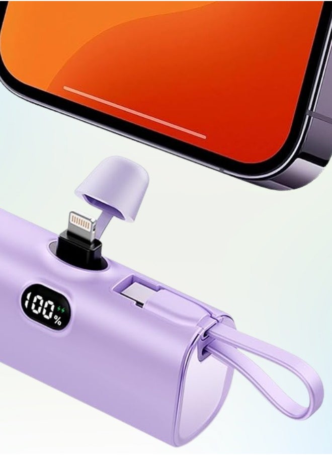 AOLON - Aolon 5000 mAh Power Bank with Built-in USB-C Connector, Fast Charging and iPhone Charging Premium Mini Capsule 5000mAh, 22.5W USB-C Power Delivery, LED Display and Foldable Stand, PowerUp-C Purple - Image 1