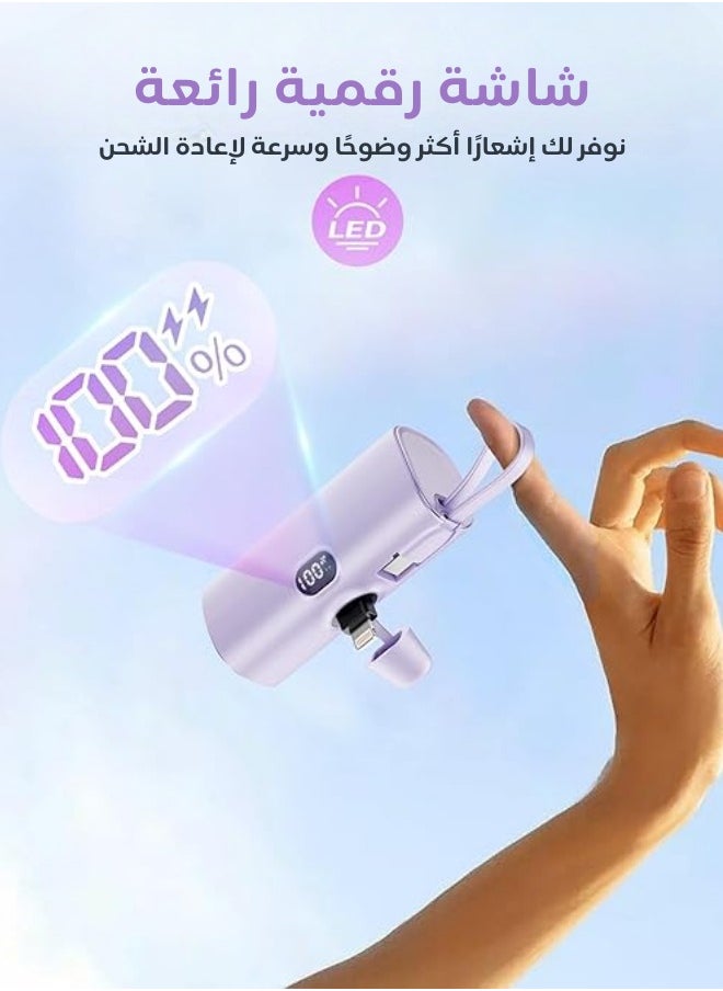 AOLON - Aolon 5000 mAh Power Bank with Built-in USB-C Connector, Fast Charging and iPhone Charging Premium Mini Capsule 5000mAh, 22.5W USB-C Power Delivery, LED Display and Foldable Stand, PowerUp-C Purple - Image 1
