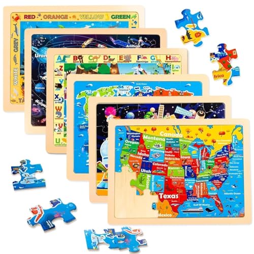 EggSun Wooden Puzzles for Toddlers 356 Packs 24Pcs Jigsaw Wooden Solar System Puzzles for Ages 48Preschool Educational Brain Toys Gifts for Boys and Girls 2 4 3 5 Year OldWorld Map - Image 1