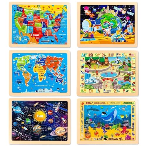 EggSun Wooden Puzzles for Toddlers 356 Packs 24Pcs Jigsaw Wooden Solar System Puzzles for Ages 48Preschool Educational Brain Toys Gifts for Boys and Girls 2 4 3 5 Year OldWorld Map - Image 5