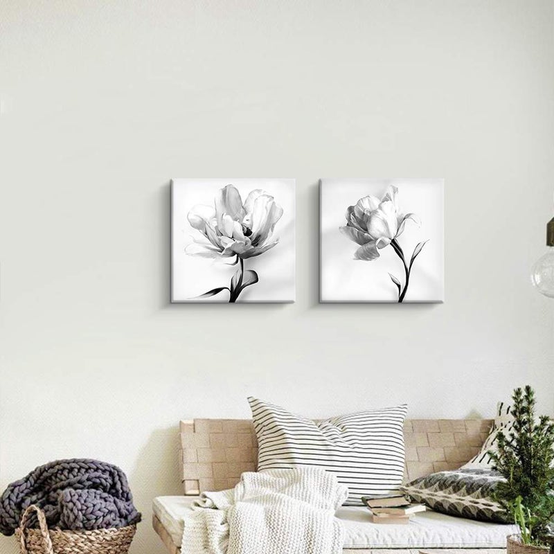 Pinetree Art Grey Floral Canvas Wall Art for Bedroom, 2 Panels Black and White Flower Prints Picture for Living Room Bathroom Home Wall Decor - (White Flower, 12 x 12 x 2pcs) - Image 3