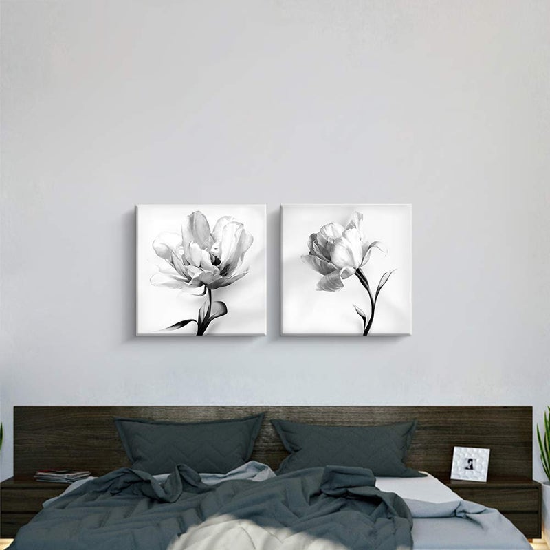 Pinetree Art Grey Floral Canvas Wall Art for Bedroom, 2 Panels Black and White Flower Prints Picture for Living Room Bathroom Home Wall Decor - (White Flower, 12 x 12 x 2pcs) - Image 2