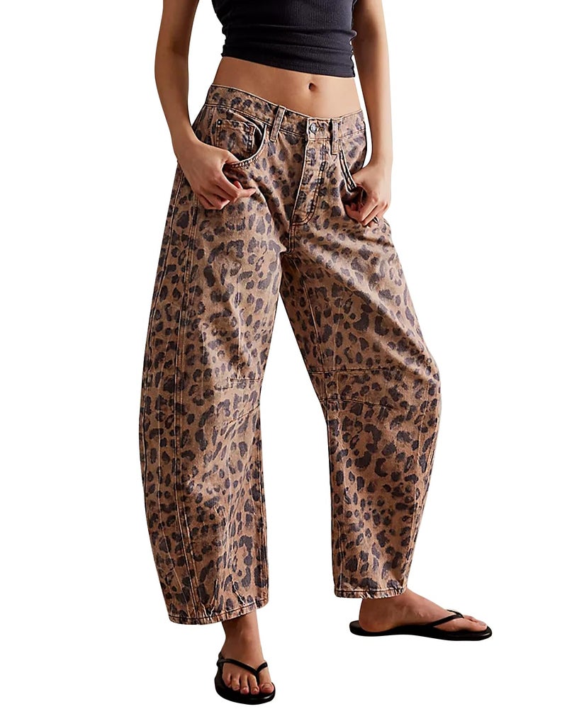 Kedera Women's Baggy Wide Leg Jeans Barrel Horseshoe Boyfriend Cropped Leopard Printed Denim Pants - Image 1