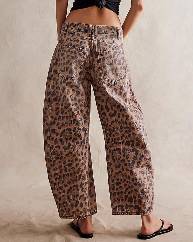 Kedera Women's Baggy Wide Leg Jeans Barrel Horseshoe Boyfriend Cropped Leopard Printed Denim Pants - Image 2