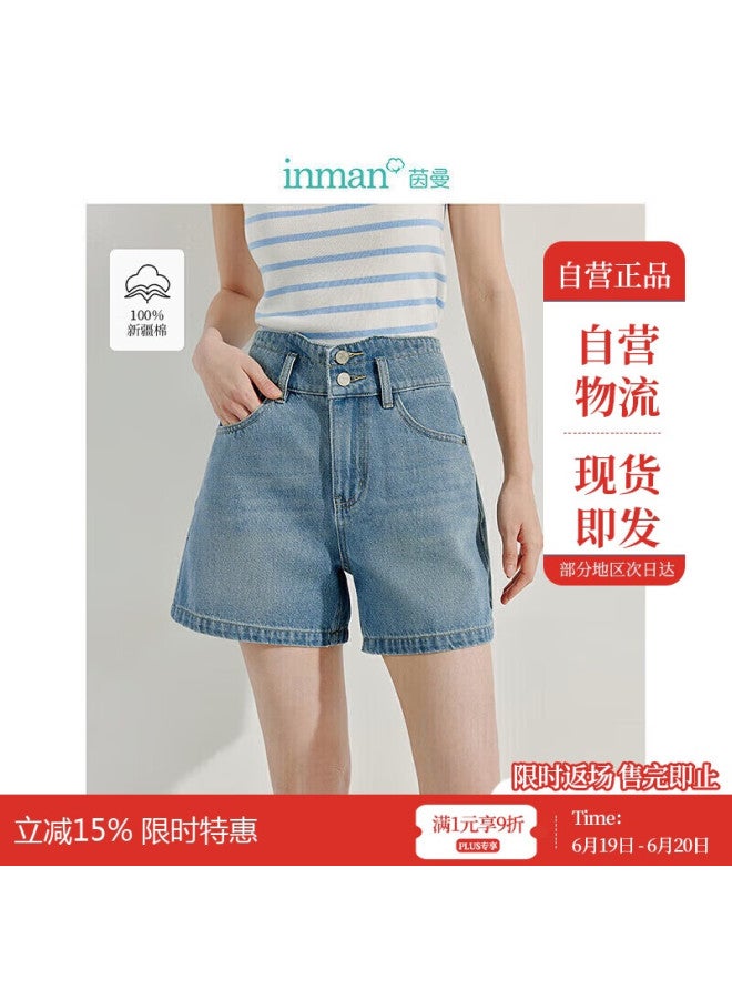 Inman Retro Blue Double Button Denim Shorts Summer Women's Fashion Trendy High Waist Slimming Pants Vintage Blue L - Image 1