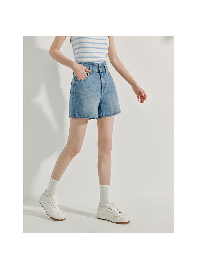 Inman Retro Blue Double Button Denim Shorts Summer Women's Fashion Trendy High Waist Slimming Pants Vintage Blue L - Image 3