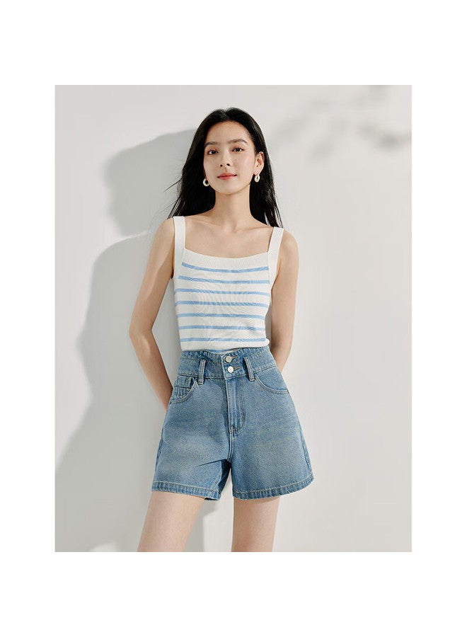Inman Retro Blue Double Button Denim Shorts Summer Women's Fashion Trendy High Waist Slimming Pants Vintage Blue L - Image 4
