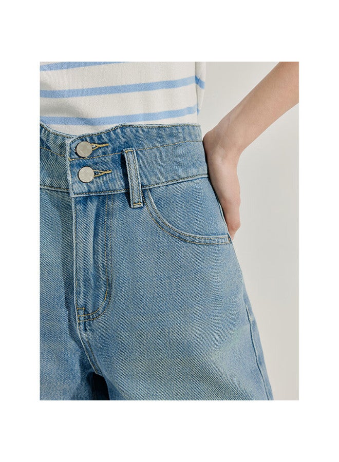 Inman Retro Blue Double Button Denim Shorts Summer Women's Fashion Trendy High Waist Slimming Pants Vintage Blue L - Image 2