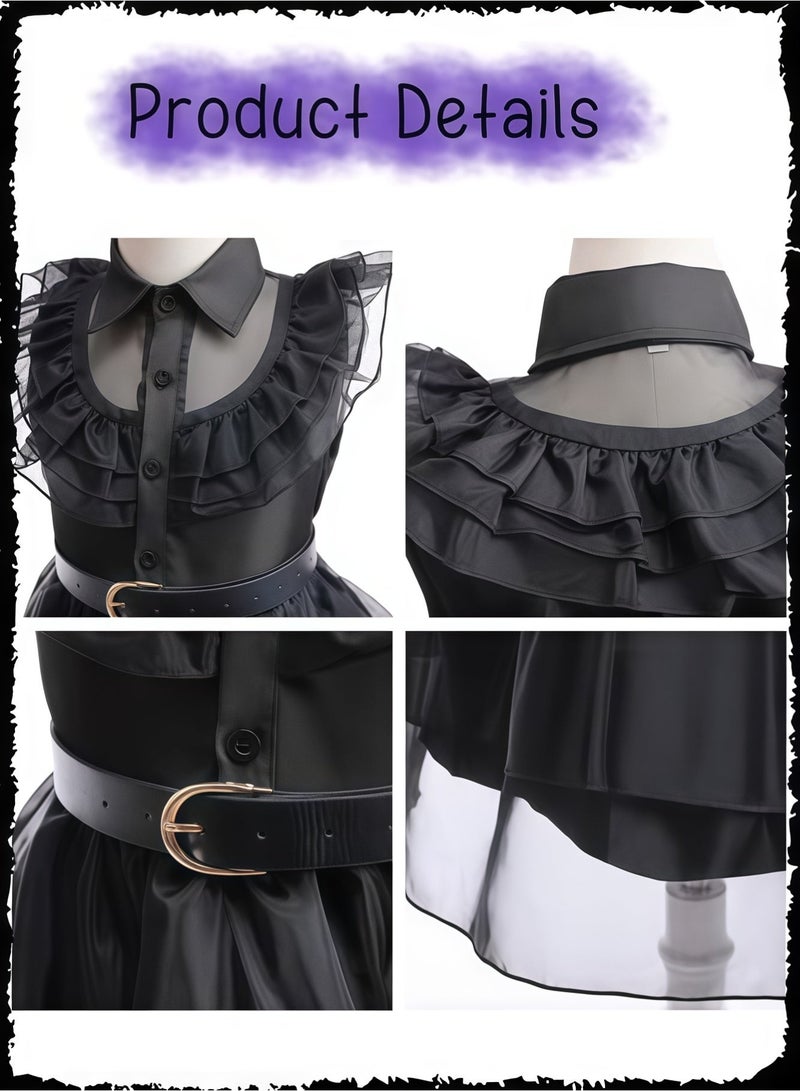 Wish Girls Wednesday Addams Dress Cosplay & Vampire Girl Costume - Black Gothic Tulle Dress with Accessories (Mask, Necklace, Bag) - Kids Party Role Play Outfit - Image 5