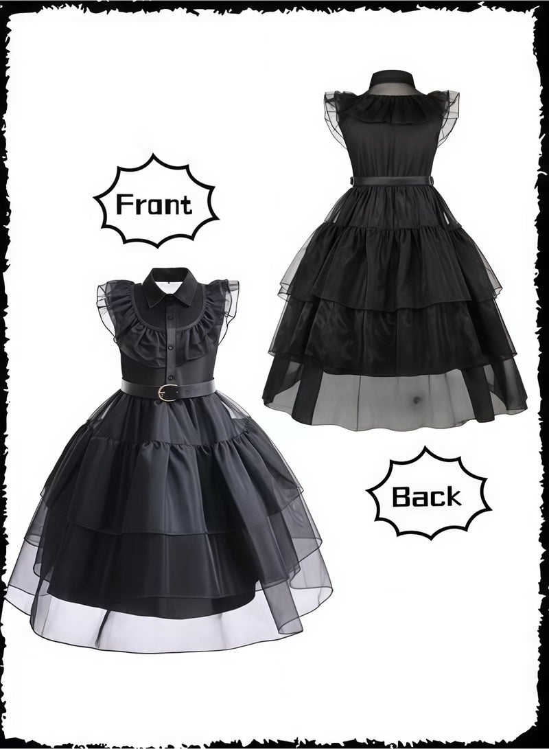 Wish Girls Wednesday Addams Dress Cosplay & Vampire Girl Costume - Black Gothic Tulle Dress with Accessories (Mask, Necklace, Bag) - Kids Party Role Play Outfit - Image 4