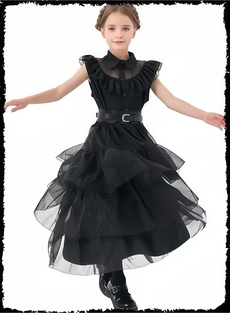 Wish Girls Wednesday Addams Dress Cosplay & Vampire Girl Costume - Black Gothic Tulle Dress with Accessories (Mask, Necklace, Bag) - Kids Party Role Play Outfit - Image 3