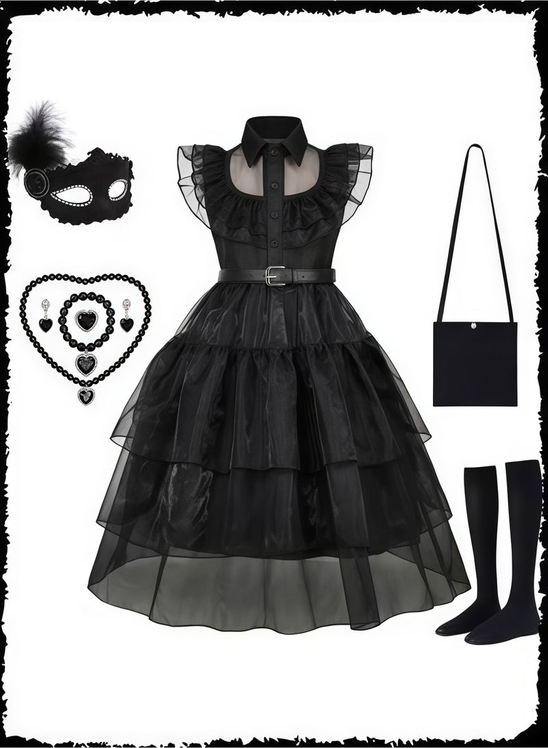 Wish Girls Wednesday Addams Dress Cosplay & Vampire Girl Costume - Black Gothic Tulle Dress with Accessories (Mask, Necklace, Bag) - Kids Party Role Play Outfit - Image 1