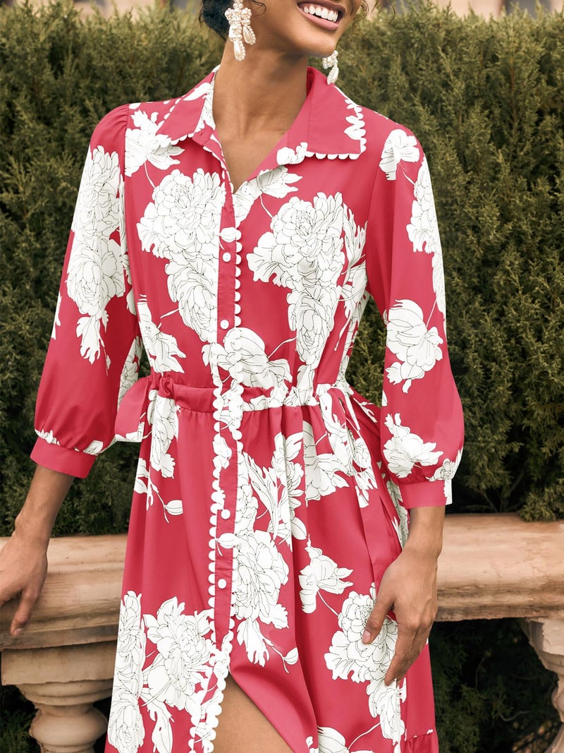 Wenrine Womens Maxi Shirt Dress Casual Floral Collared 3/4 Long Sleeve Drawstring Waist Fall Button Down Dresses - Image 4