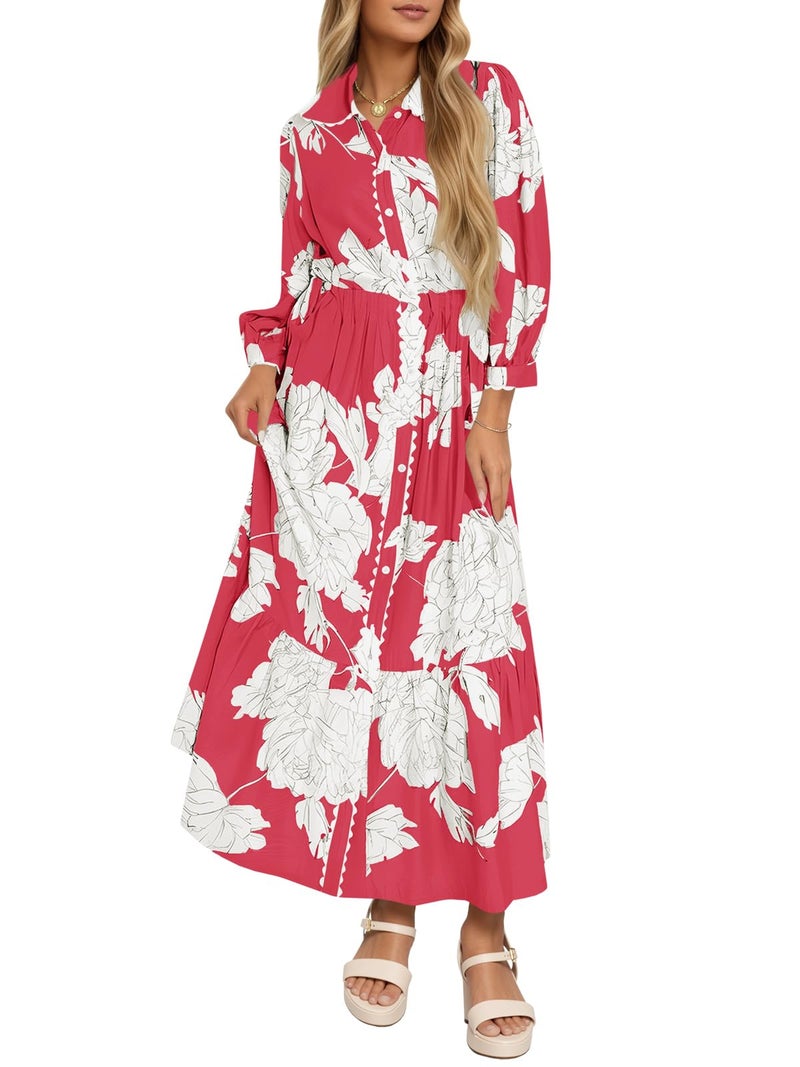 Wenrine Womens Maxi Shirt Dress Casual Floral Collared 3/4 Long Sleeve Drawstring Waist Fall Button Down Dresses - Image 1