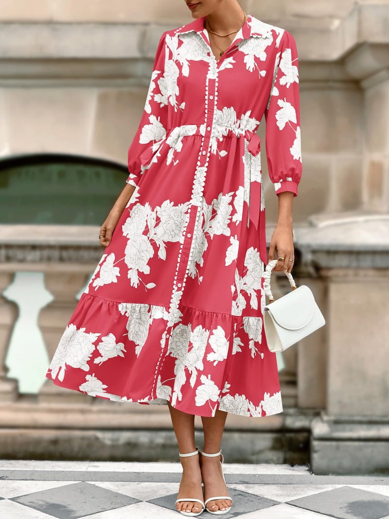 Wenrine Womens Maxi Shirt Dress Casual Floral Collared 3/4 Long Sleeve Drawstring Waist Fall Button Down Dresses - Image 2